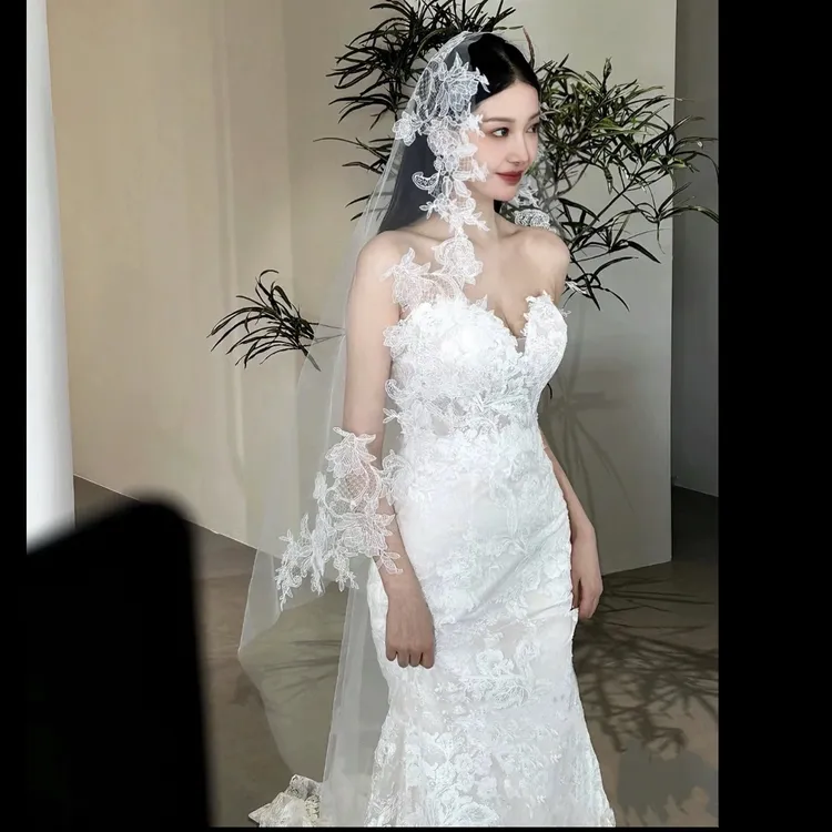 1087 复古新娘蕾丝头纱长款拖尾婚纱摄影拍照高级感造型跟妆样片