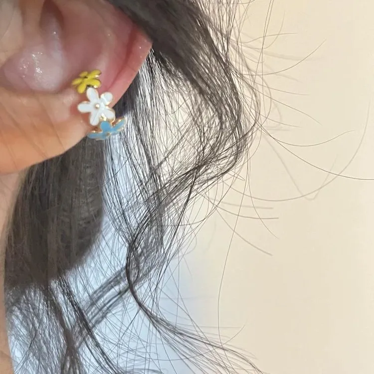 森系小巧清新耳夹女无耳洞耳饰耳环小众感彩色滴釉小花朵耳骨夹