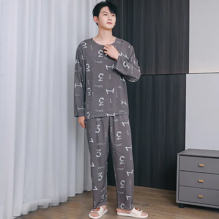 男士夏季棉绸睡衣长袖长裤家居服大人薄款宽松绵绸空调服套装大码
