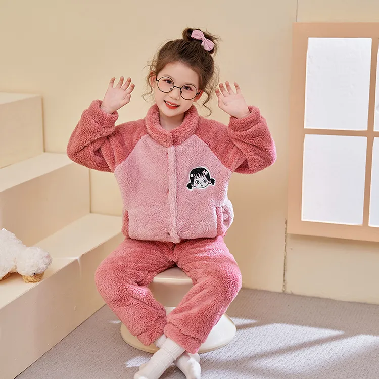 儿童法兰绒睡衣秋冬季男童女童珊瑚绒男孩宝宝加厚款家居服套装