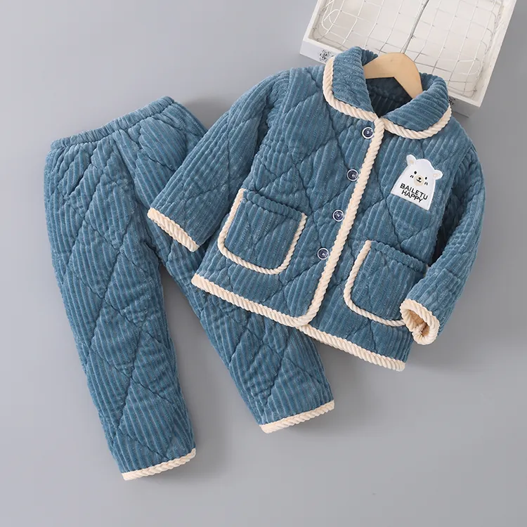 儿童法兰绒睡衣冬季男童男孩加绒款夹棉女童宝宝珊瑚绒家居服套装