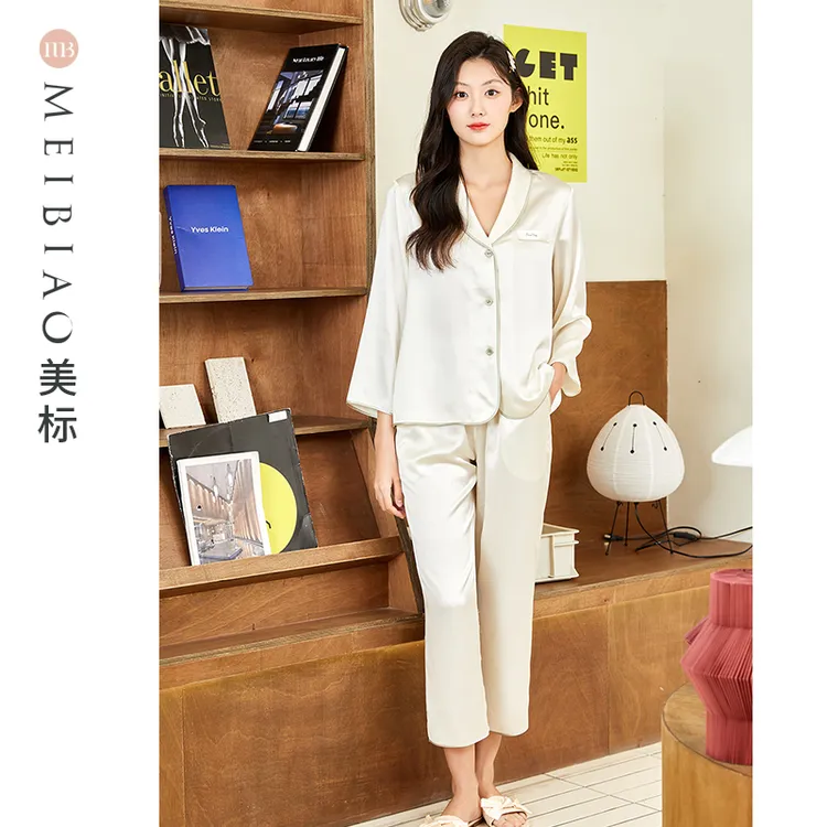 美标极简轻奢100桑蚕丝气质时尚白色简约休闲睡衣女套装100091