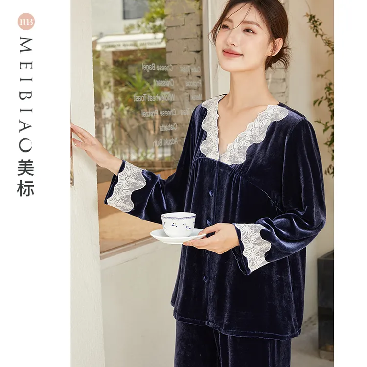 美标真丝丝绒春秋高端气质知性女士长袖长裤家居服睡衣套装100145