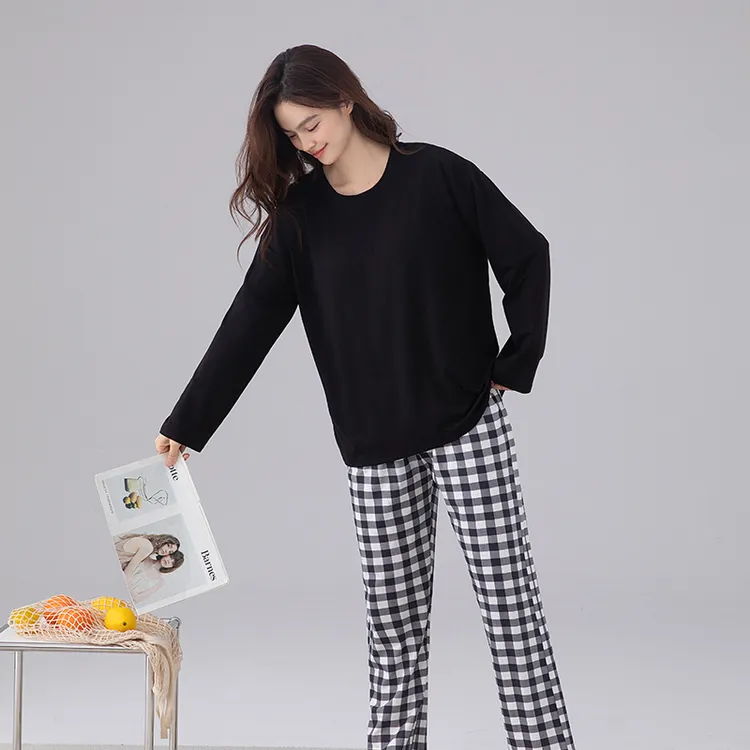 睡衣女薄款莫代尔棉长袖女士带胸垫一体家居服2024新款春秋季套装