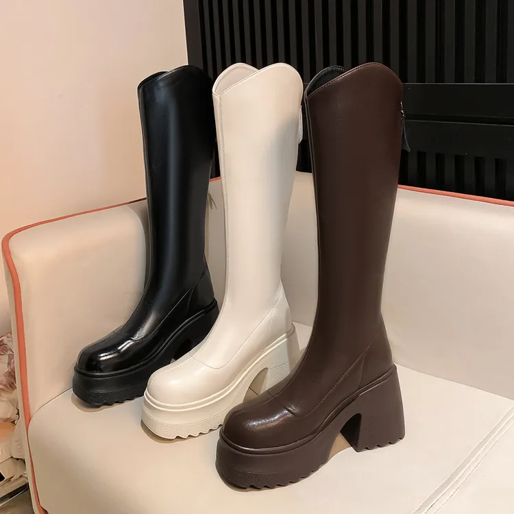 10cm真皮粗跟小个子长筒靴女高跟骑士靴2025新款不过膝厚底高筒靴