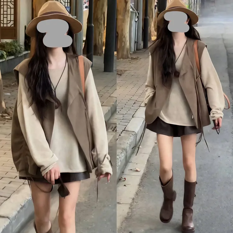 2025秋冬宽松显瘦马甲背心长袖针织打底上衣百搭皮短裤三件套装女