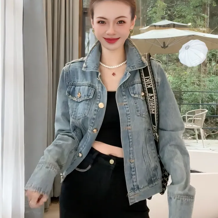 2024春网红休闲短款时尚气质长袖牛仔上衣女外套欧货高级洋气百搭