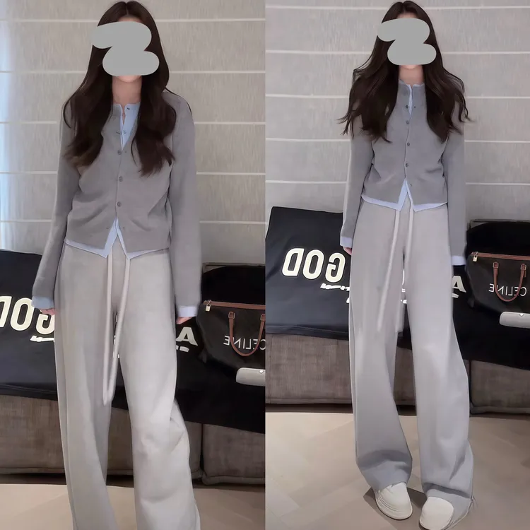 2025秋冬时尚网红修身显瘦假两件针织开衫打底百搭高腰休闲直筒裤