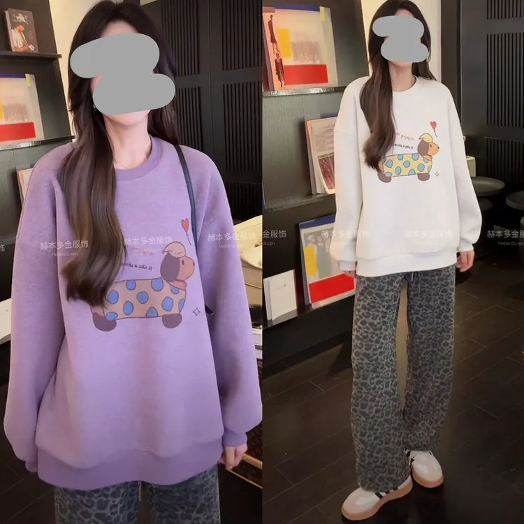 韩版印花宽松卡通加绒保暖套头卫衣圆领长袖上衣豹纹加绒休闲裤女