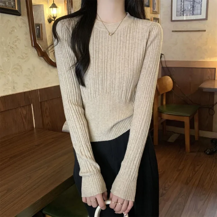 别致修身圆领打底衫女早春2024新款高级感毛衣内搭长袖针织衫上衣