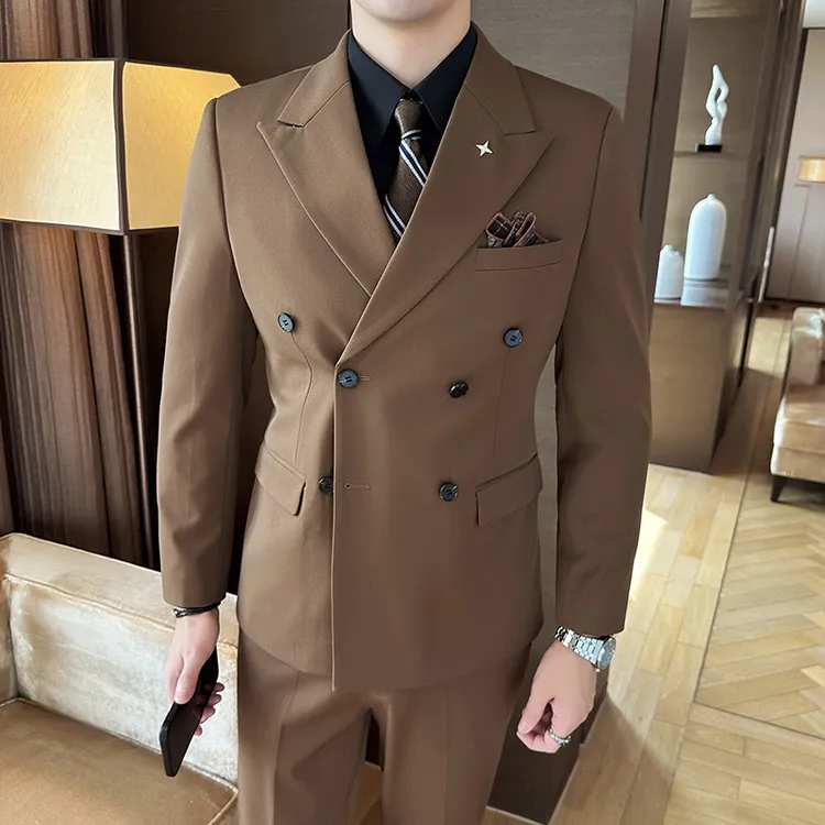 英伦风双排扣西装男套装商务休闲正装修身新郎结婚礼服西服三件套