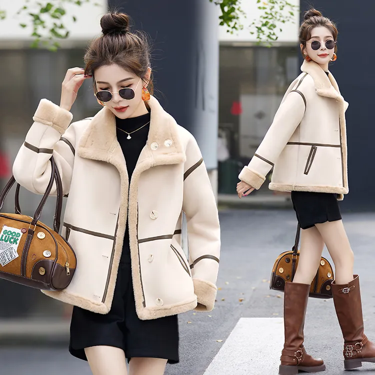 加绒加厚毛呢气质短外套女2025冬装新款加厚保暖毛绒皮毛一体棉服