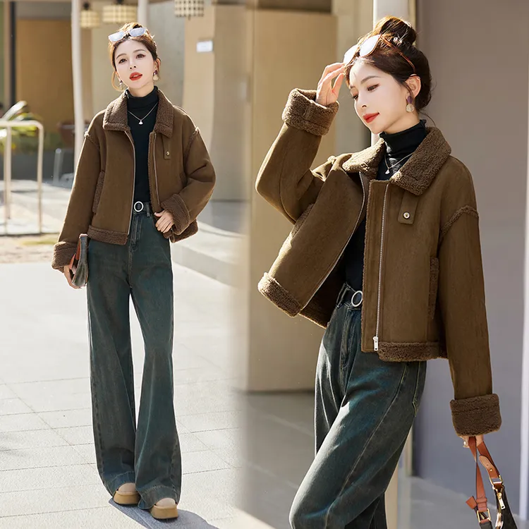 皮毛一体外套女短款高领保暖秋冬新款2025小个子机车加绒袄子夹克