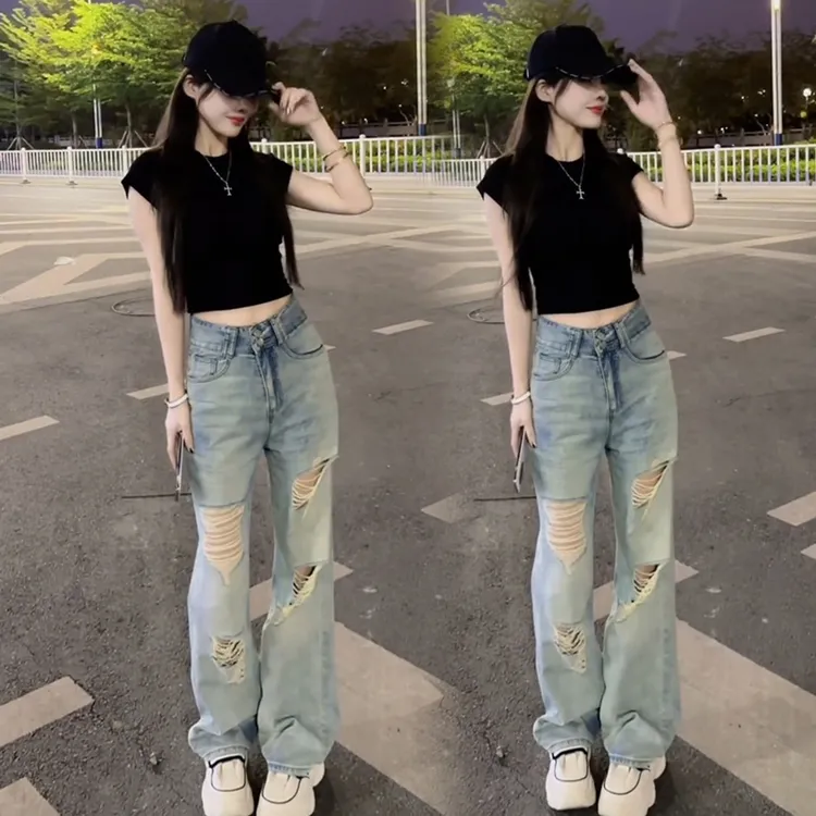 小飞袖紧身纯色上衣夏季高腰双扣牛仔破洞直筒裤套装辣妹两件套装
