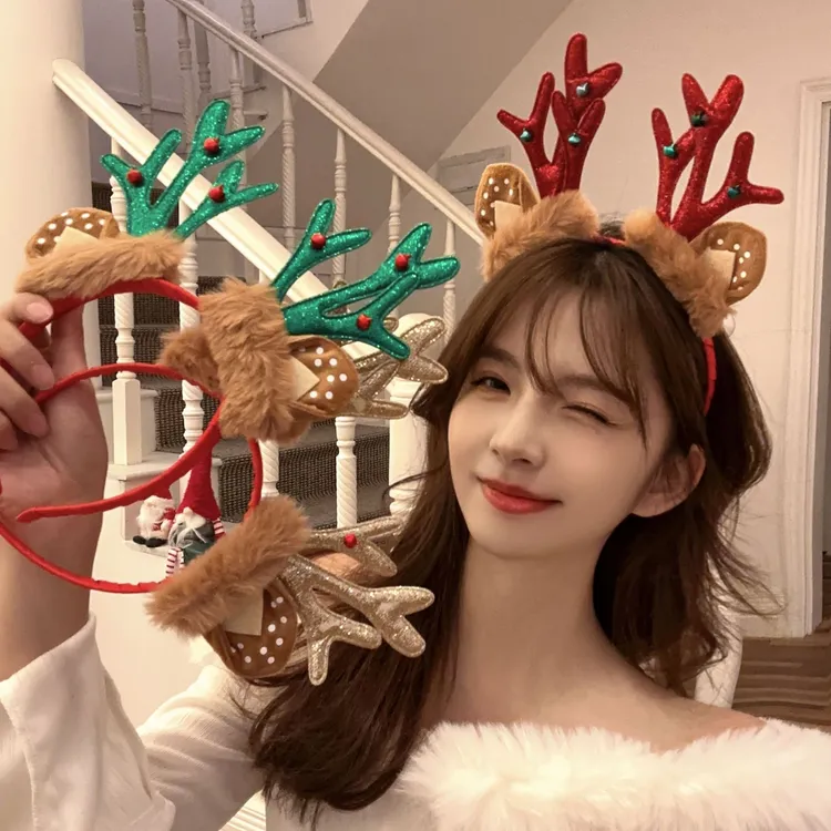 新款圣诞节带耳朵鹿角头箍圣诞派对聚会装饰品节日成人儿童小礼物