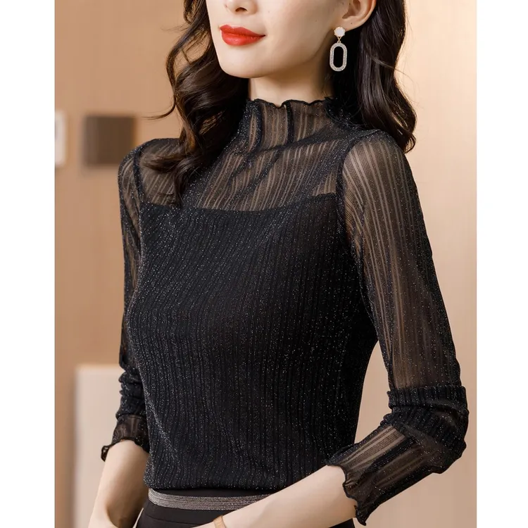 2023秋装新款内搭长袖亮丝网纱蕾丝打底衫女半高领修身加绒衫上衣