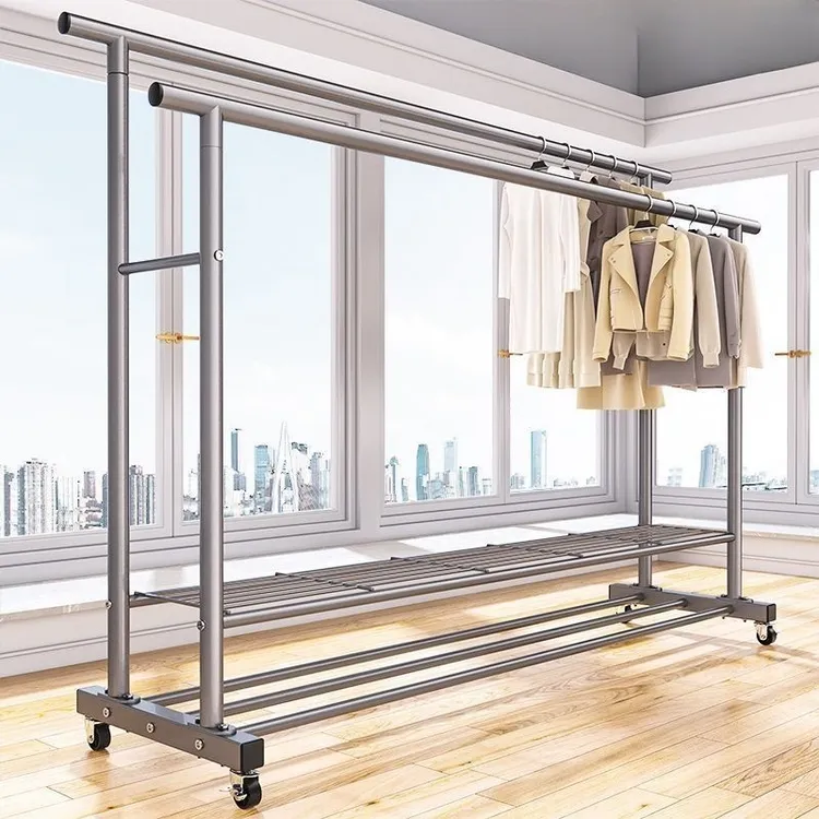 特粗特厚简易衣架落地立式家用卧室阳台挂衣架双排衣杆移动晾衣架