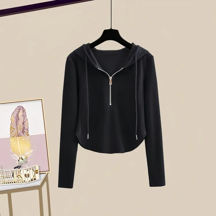 连帽短款卫衣女长袖2025新款韩版修身春秋薄款不规则洋气微胖女士