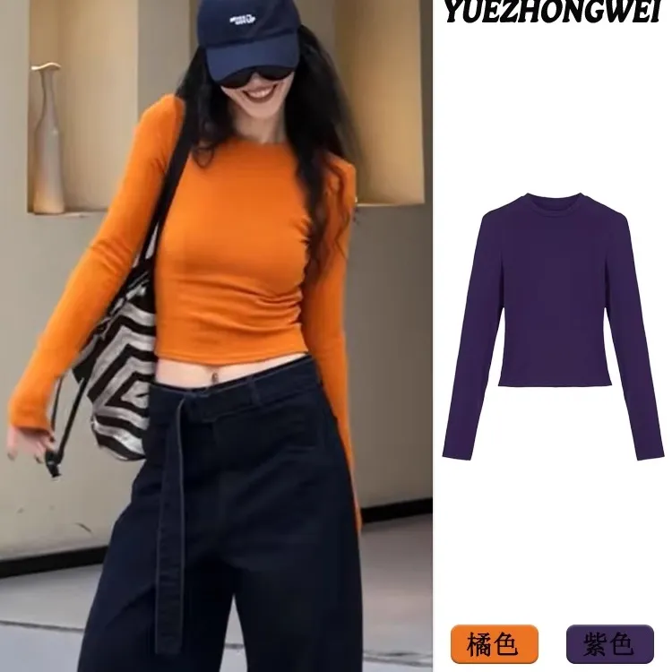 美式正肩橘色长袖T恤女2024初早秋新款修身打底衫甜辣妹chic上衣