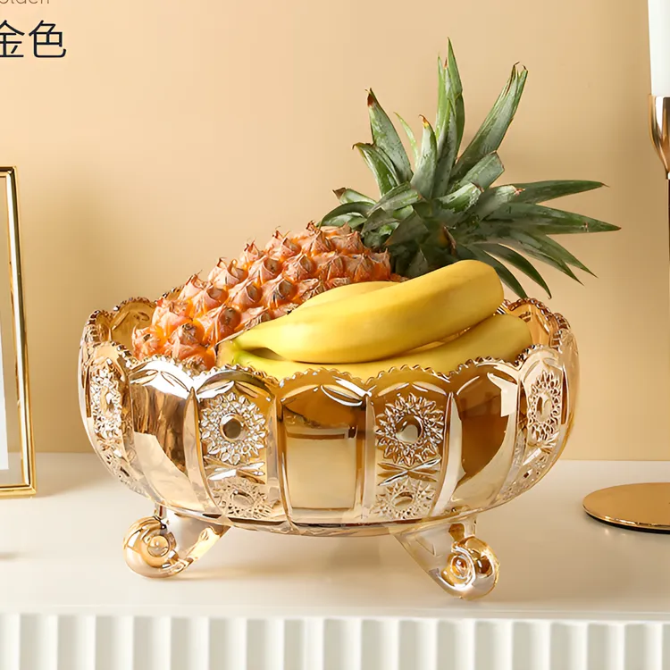 轻奢聚宝盆水晶玻璃水果盘家用客厅茶几大号糖罐中式金色玄关摆设