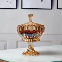 简约家用水晶玻璃糖果罐欧式客厅茶几带盖干果罐高脚收纳罐莲花