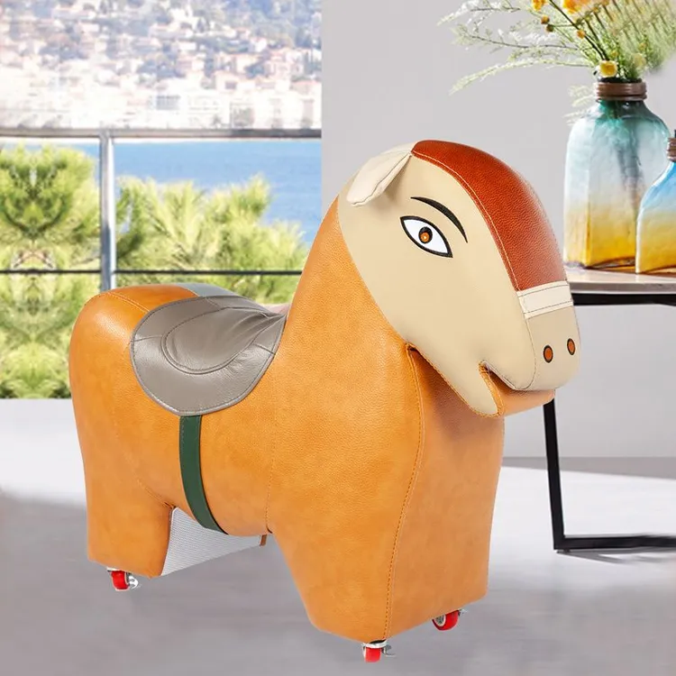 儿童动物凳子可左右移动旋转滑轮子木马凳可爱卡通凳骑马椅真皮凳