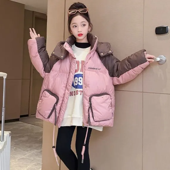 02女童加厚棉服2023新款中大童冬季儿童外套面包服拼色棉衣冬装
