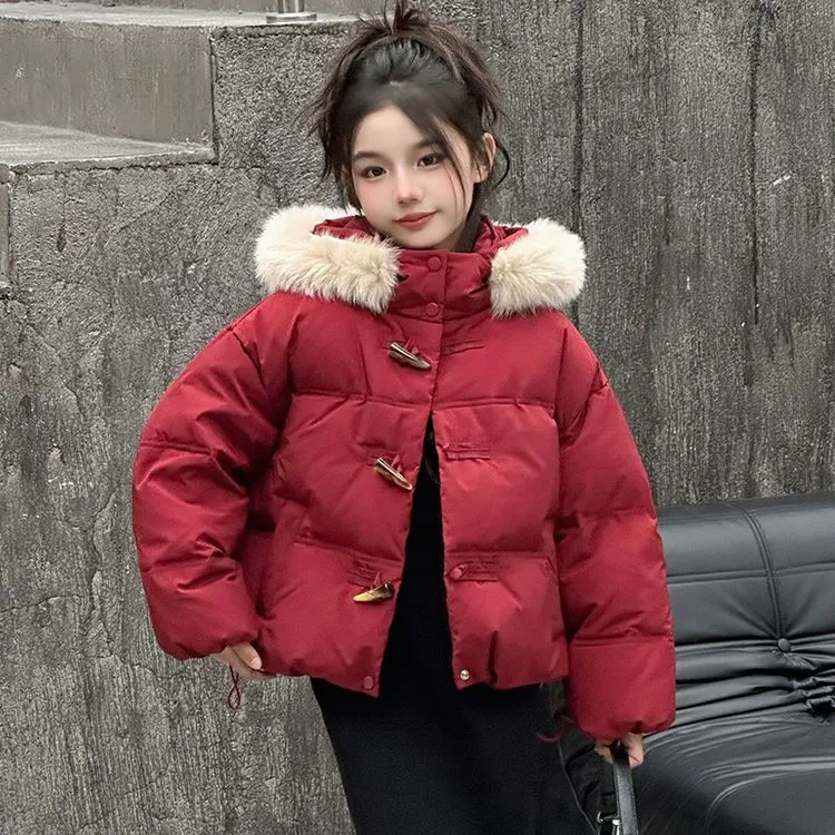 女童红色新年棉服冬装儿童冬季棉衣中大童毛领棉袄加厚短款面包服