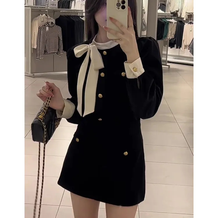 小香风法式蝴蝶结丝绒套装富家千金拼接衬衫女包臀裙A字裙两件套