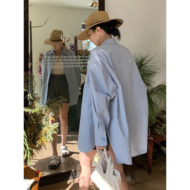 蓝色polo领长袖衬衫女春夏季设计感小众防晒衬衣薄中长款显瘦上衣