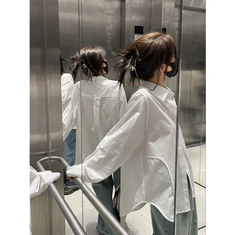 白色正肩长袖Polo衬衫女春季设计感小众防晒衬衣宽松慵懒风上衣女