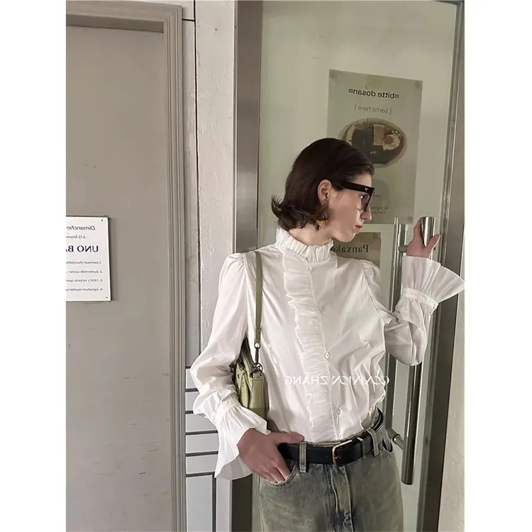 法式宫廷风木耳边衬衫女2025早秋新款设计感小众立领花边叠穿衬衣