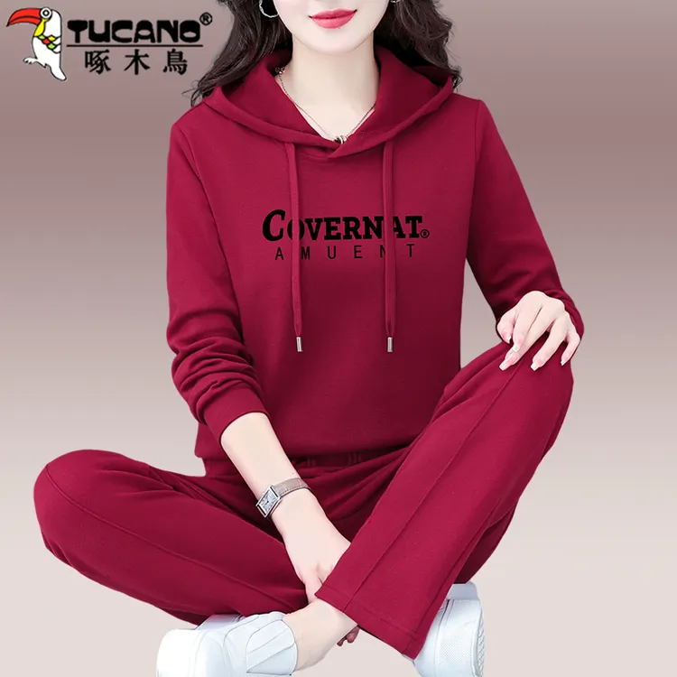 【官方】啄木鸟红色卫衣运动服套装新款春秋女士连帽宽松休闲两件套