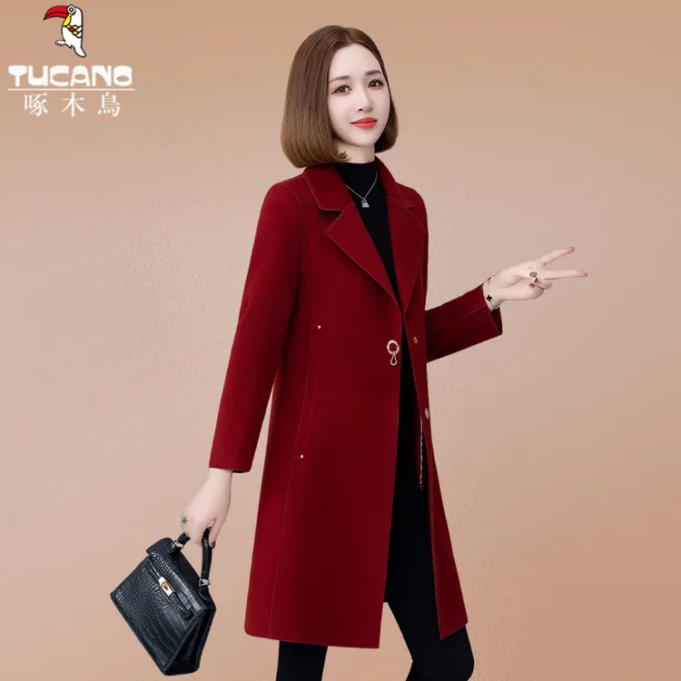 【官方】啄木鸟红色羊毛大衣女新款冬季结婚喜庆中长款双面羊绒外套