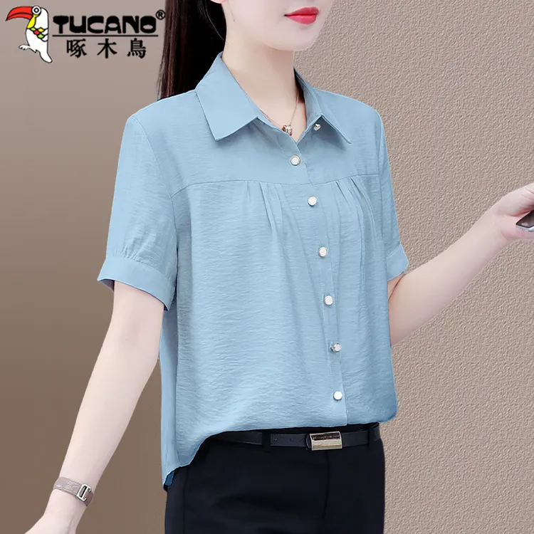 【官方】啄木鸟蓝色短袖衬衫新女夏季洋气雪纺衫宽松遮肚子女士衬衣