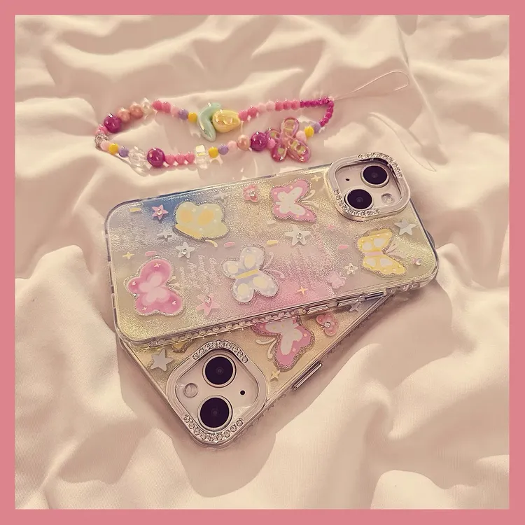 清新彩色贴钻蝴蝶iPhone15promax适用苹果13小众手机壳12硬14文艺