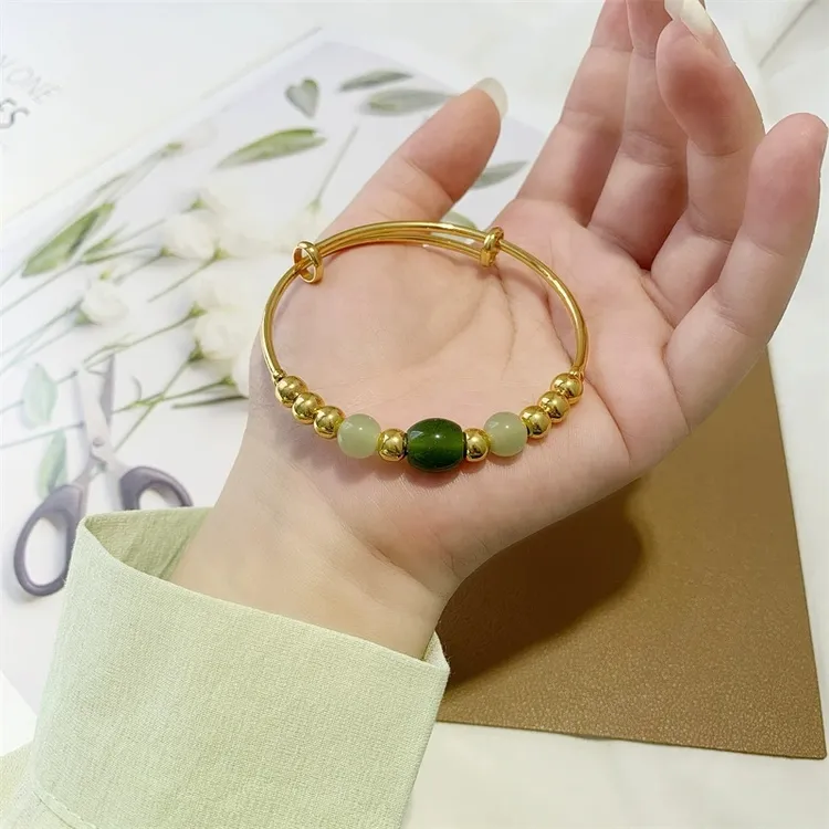铜合金手镯 串珠手镯子轻奢气质绿色百搭简约大小可调节首饰女款