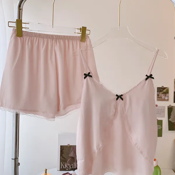 甜美性感吊带睡衣套装夏天冰丝带胸垫蕾丝纯欲薄款女士家居服夏季