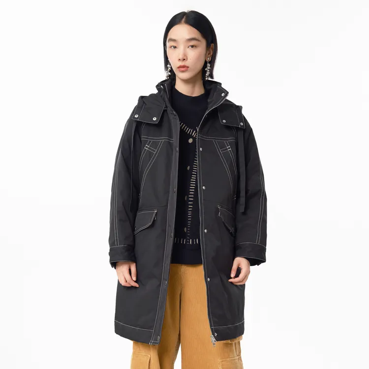 MOVEUP幻走 冬季新款.FUN 连帽撞色线复古长款棉外套324420949