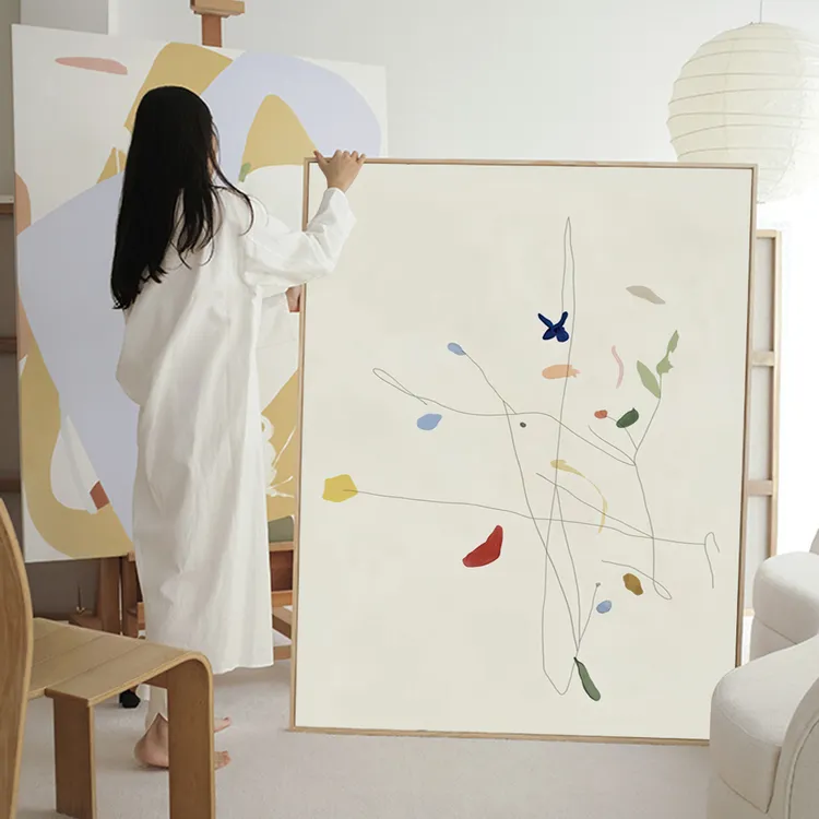 北欧日式侘寂风ins客厅落地画卧室艺术装饰画线条挂画玄关无框画
