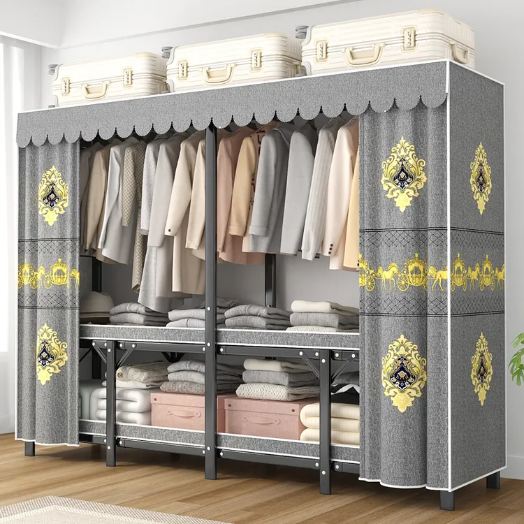 衣柜家用卧室免安装折叠简易布衣柜出租房用全钢架结实耐用挂衣橱