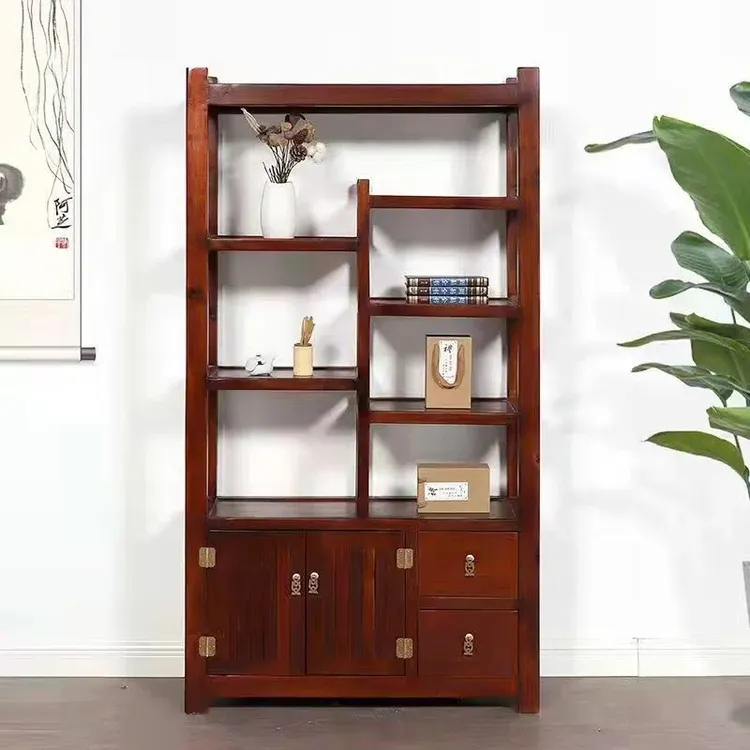 老船木博古架置物架实木展示柜茶柜客厅茶叶茶具架收纳架黑色优质