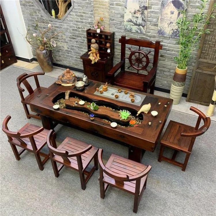 老船木实木阳台流水茶桌椅组合茶几桌办公室茶台茶具客厅家用茶几