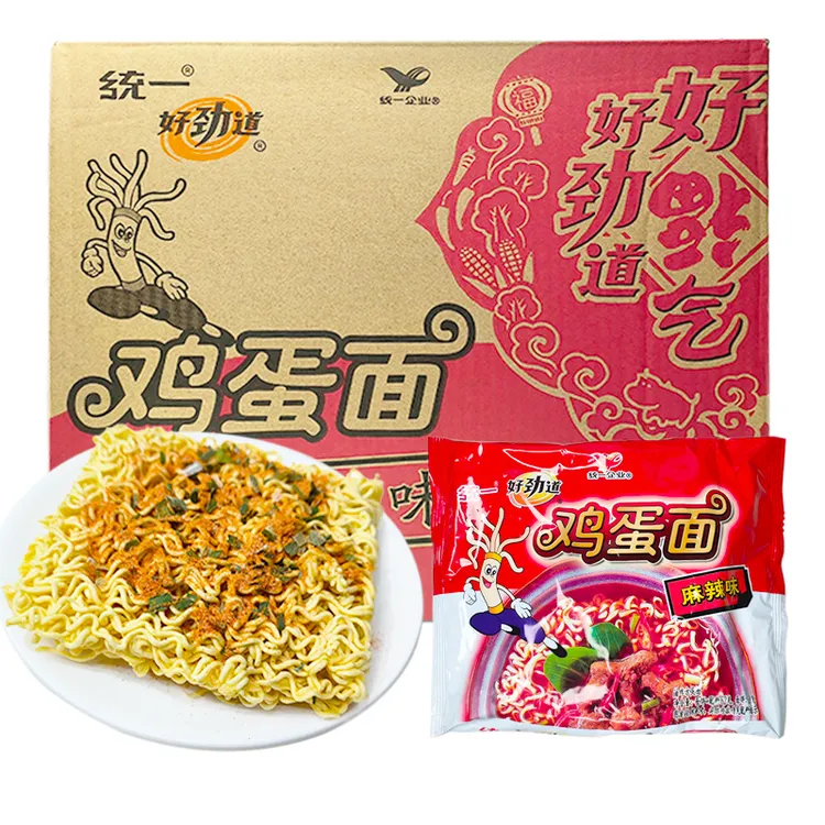 统一好劲道鸡蛋面麻辣味方便面干脆面捏碎面干吃面批发饱腹小零食