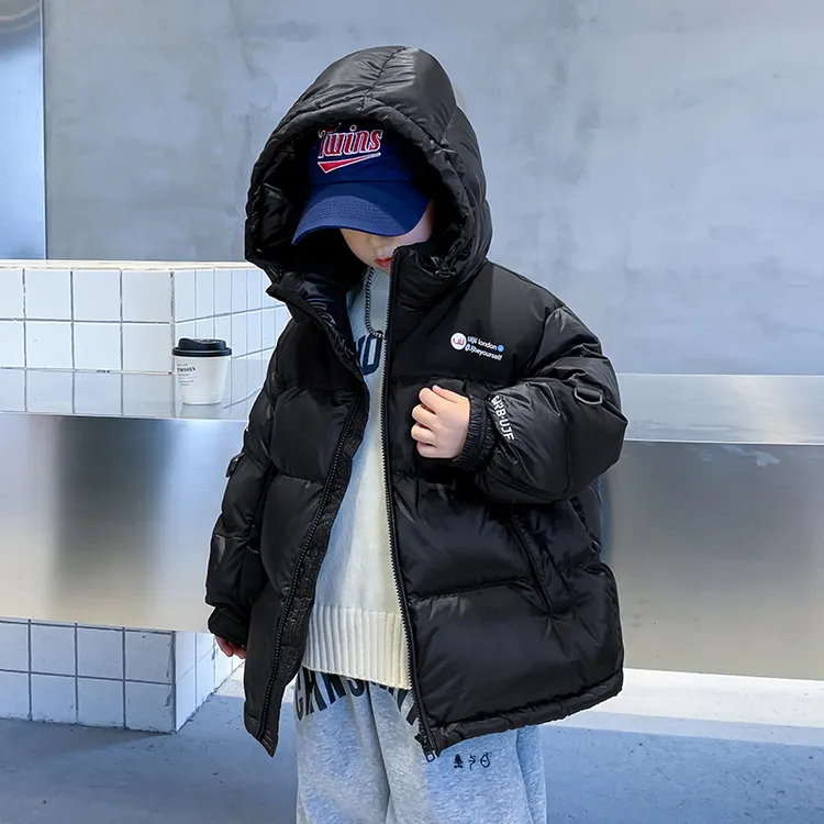BABY&HH【现货现发】儿童黑色连帽羽绒服加厚保暖冬季外套时尚韩式
