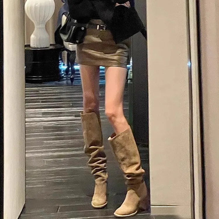 啄木鸟褶皱堆堆靴女2025秋西部靴大筒围粗跟不过膝长筒高跟骑士靴