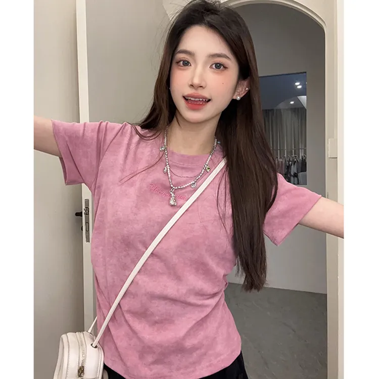 时尚褶皱收腰短袖T恤女装夏季潮酷显白圆领百搭韩版字母刺绣上衣