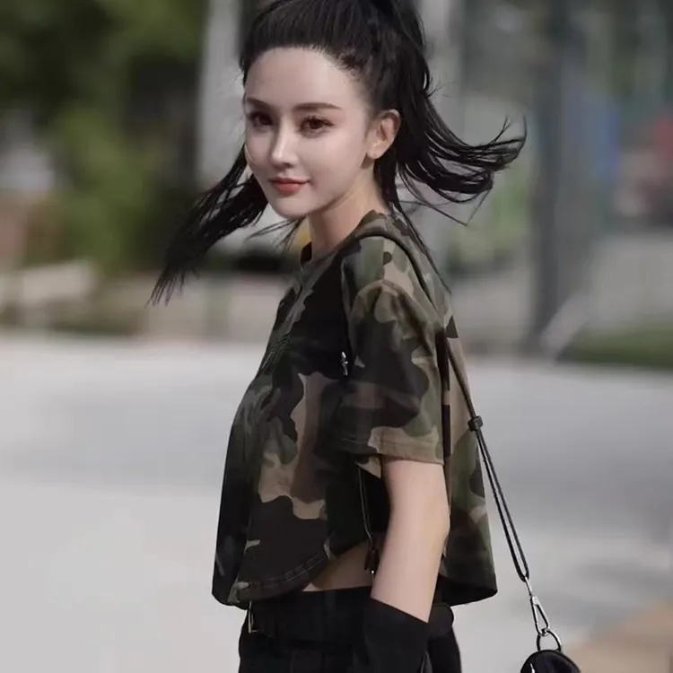 2025夏季显瘦潮流百搭美式时尚个性户外休闲宽松圆领迷彩印花短袖