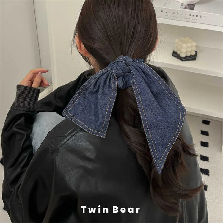 百搭慵懒丹宁牛仔蓝 大号飘带蝴蝶结发圈大肠圈皮筋头绳发绳发饰 