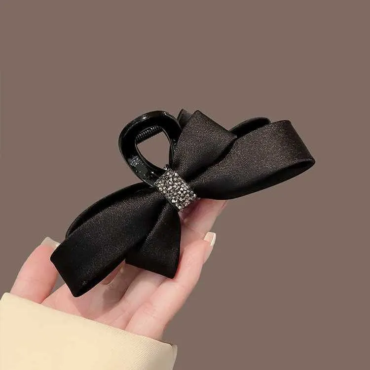 高级感缎面蝴蝶结发夹气质水钻抓夹女大号后脑勺盘发鲨鱼夹发饰